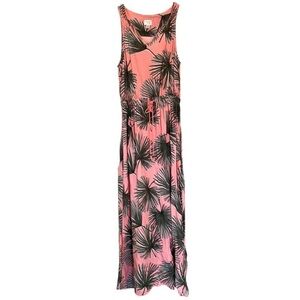 A New Day Sleeveless Pink & Green Tropical Print Maxi Dress Tie Waist Floral XS
